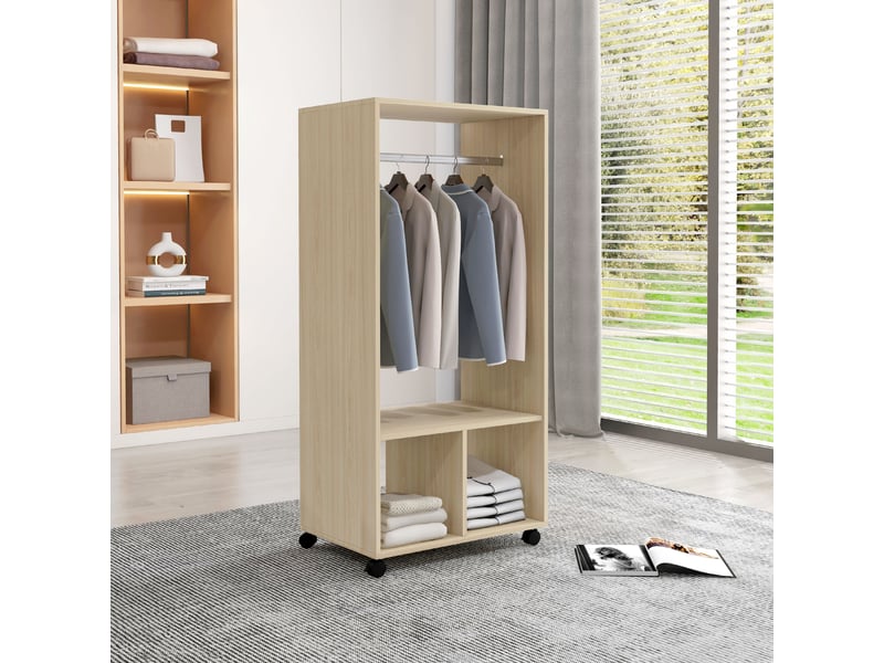  Armoire à roulettes avec tringle et étagères pour vêtements suspendus et pliés, 60 x 40 x 128 cm, naturel  - Conforama C