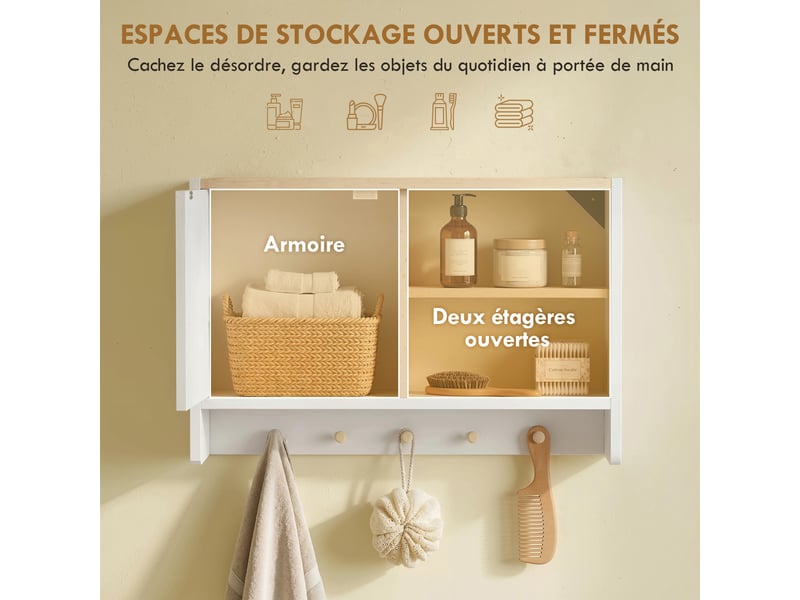  Armoire murale de salle de bain 60 cm, porte magnétique, 2 étagères et 5 crochets  - Conforama R