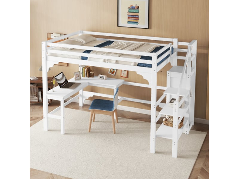  Lit mezzanine 140x200 cm coloris blanc pin lit enfant blanc - Conforama E