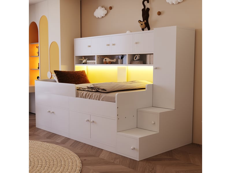  Lit mezzanine lit simple avec rangements, armoire, étagères et led 90×200 cm, sans matelas, bois, blanc  - Conforama D