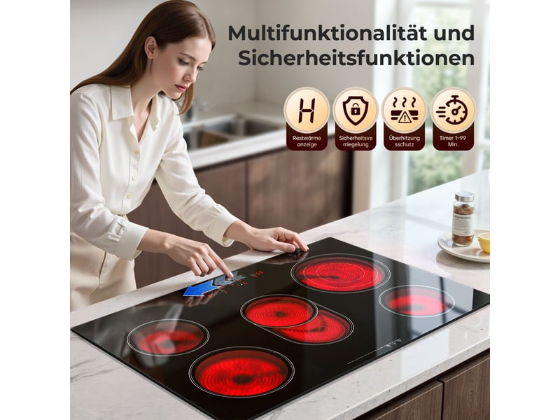 Plaque vitrocéramique 5 foyers, table de cuisson électrique encastrable 77 cm, 8500 w, zones ovale et triple, commande tactile - Conforama E