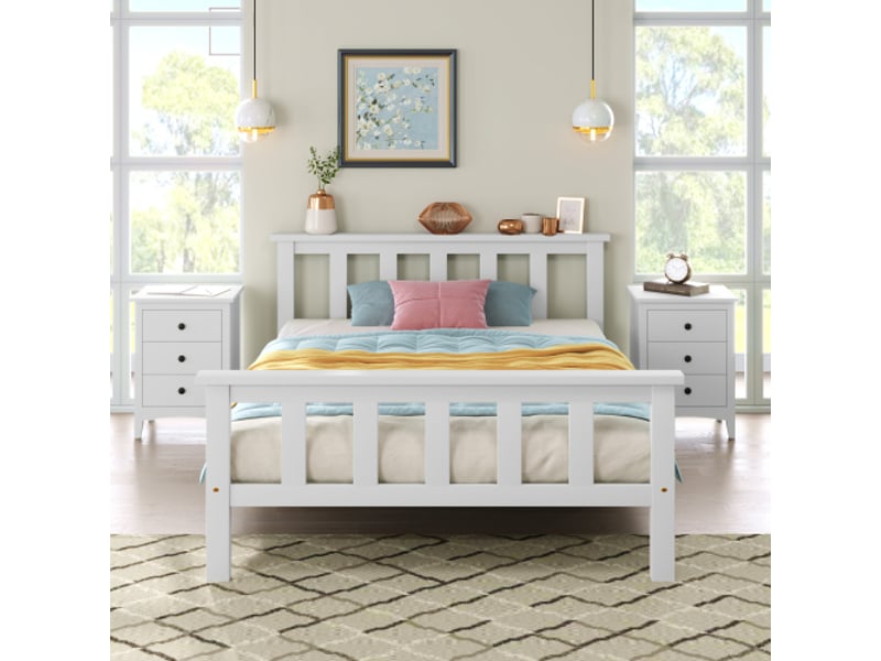 Lit enfant 90x200 cm, lit simple avec tête de lit et sommier à lattes en bois, blanc, sans matelas - Conforama C