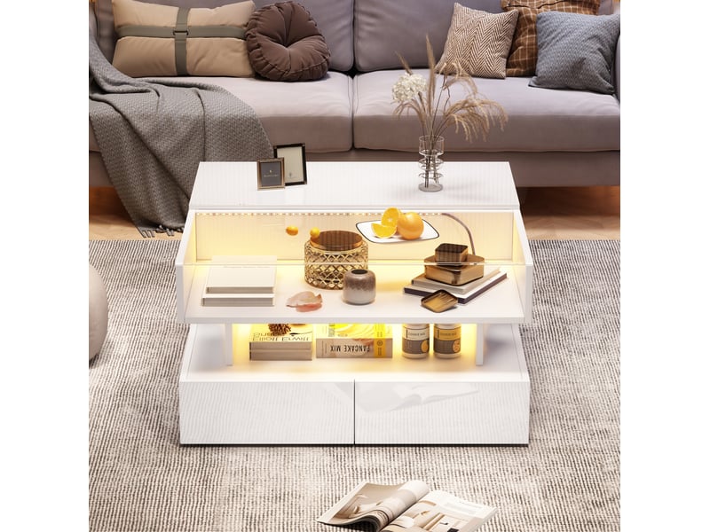 Table basse relevable carrée 80x80cm, table basse blanche brillante avec led, plateau en verre trempé et rangement caché - Conforama W