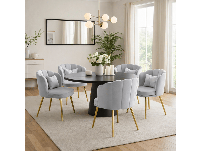  Lot de 6 chaises en velours avec dossier pétale, pieds dorés et coussins papillon pour salon ou bureau  - Conforama B