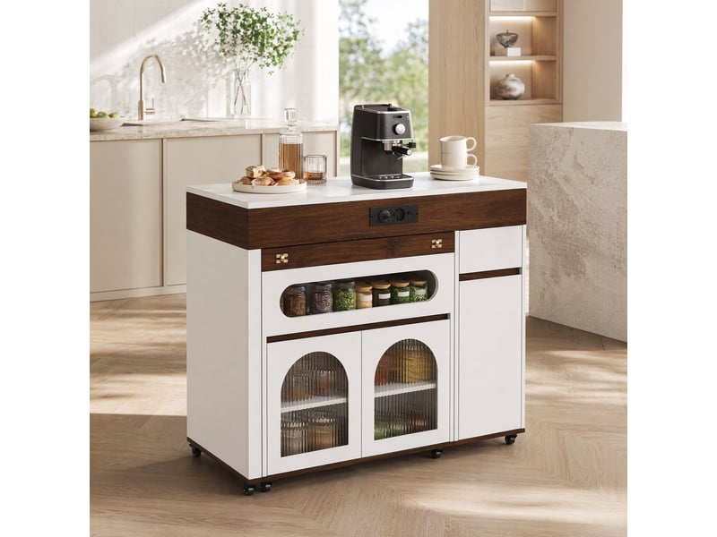  Îlot de cuisine 110.5x50.5x95.5 cm extensible à roulettes mdf blanc et noyer  - Conforama B