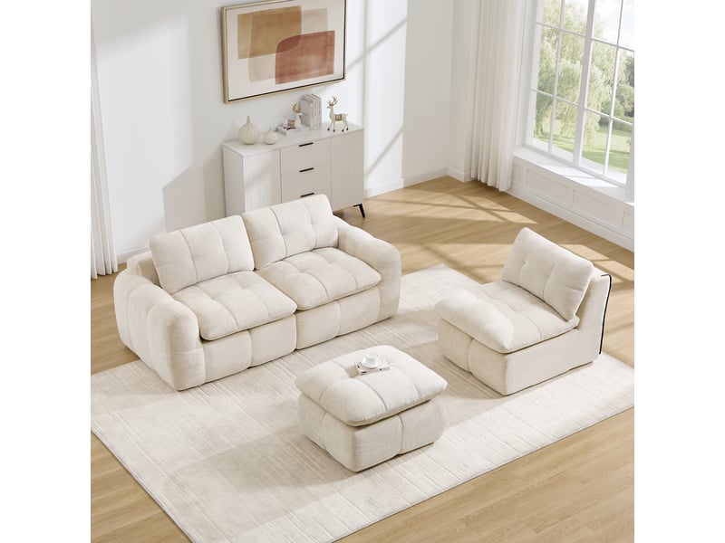  Canapé d’angle modulable 3 places en chenille beige – 264 x 160 x 68 cm Fay Lum - Conforama E