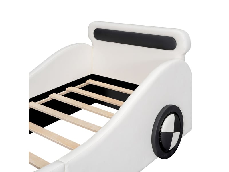  Lit rangement 90 x 200 cm roues lumineuses lit simple forme voiture structure rembourrée revêtement pu coloris blanc rangement intégré  - Conforama E