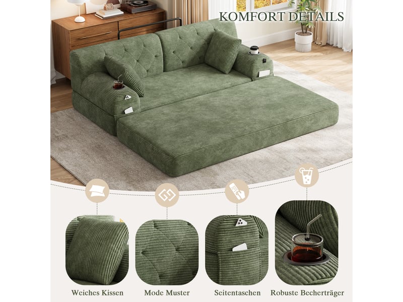  Canapé droit convertible 2 places en velours côtelé vert 168 x 80 x 81 cm, dossier haut, porte-gobelets, poches 168x80x81cm - Conforama E