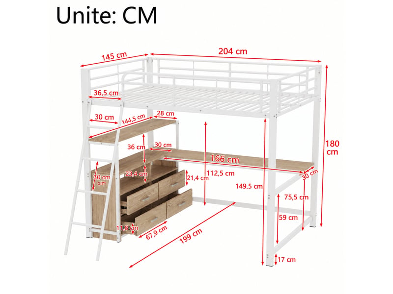  Lit mezzanine 140x200 cm avec bureau en l et tiroirs, structure en métal blanc et mdf, sans matelas  - Conforama C