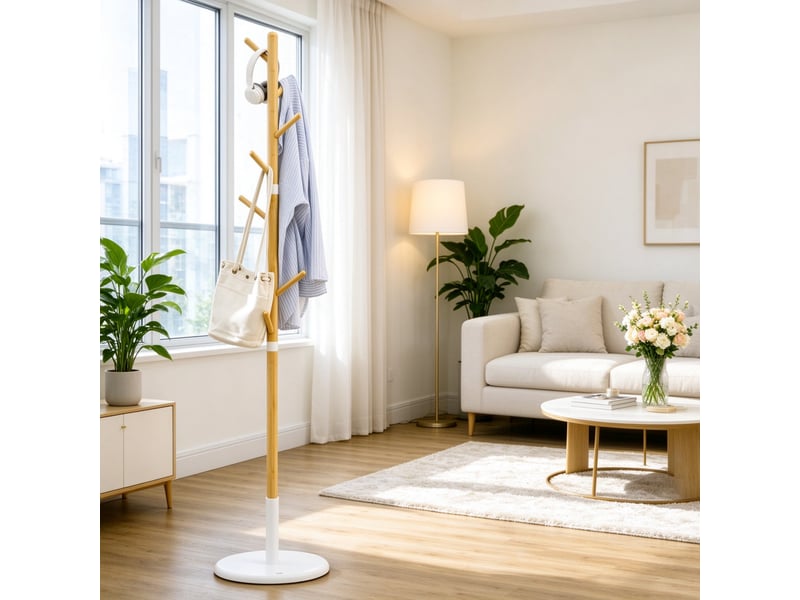 Porte-manteau sur pied à 8 crochets, meuble d'entrée pratique, 37.8 x 37.8 x 175.6 cm, naturel + blanc - Conforama C