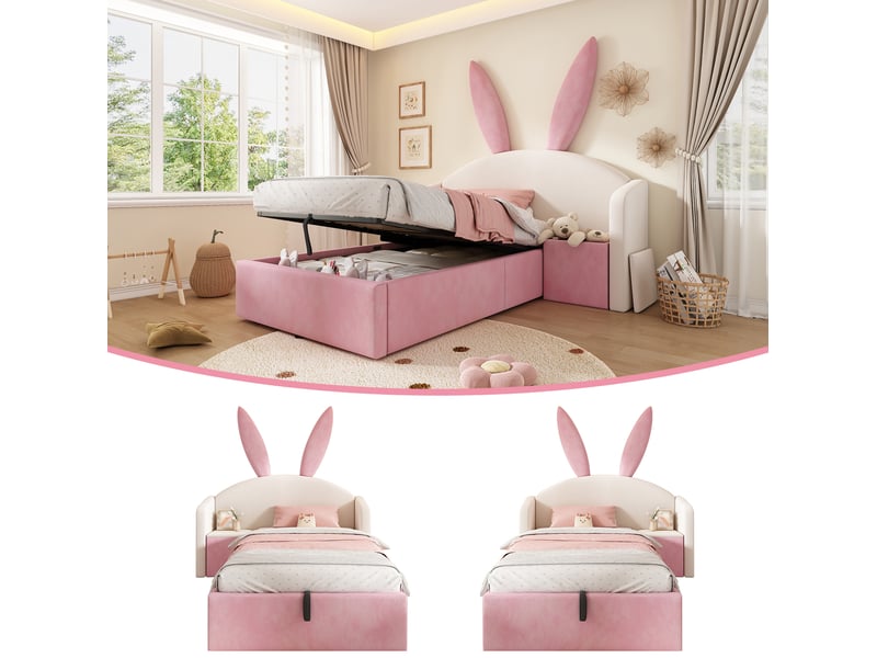  Modenvie lit enfant 90x200 cm - avec rangement hydraulique et table de chevet, sans matelas - beige et rose  - Conforama D