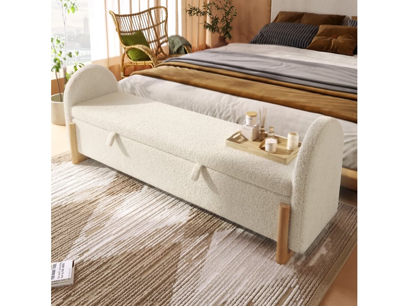  Banc coffre tcqpz blanc 166 x 47 x 61 cm en tissu bouclette chenille avec ouverture hydraulique  - Conforama D
