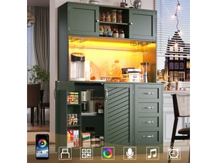 Buffet de rangement 120x40x188cm, avec éclairage led, 4 portes 2 grands tiroirs, étagère à collations porte-gobelets, vert