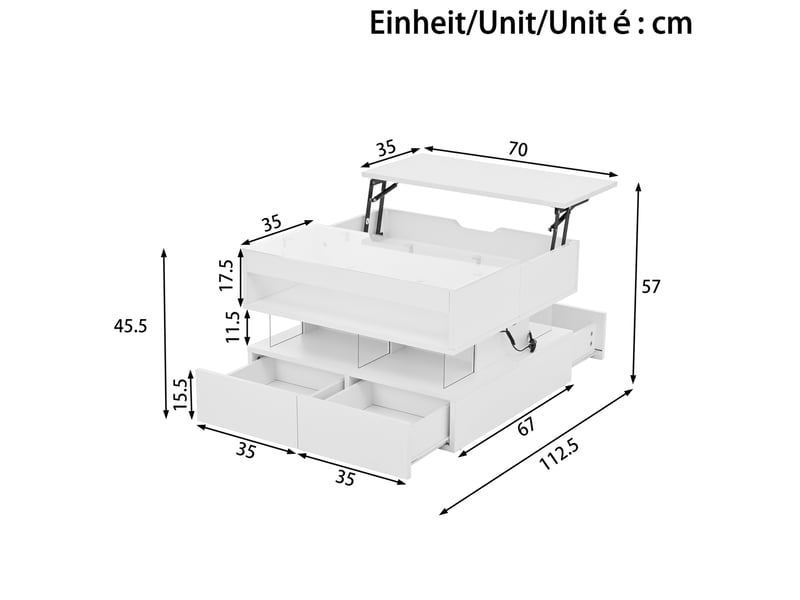  Table basse relevable 70x67x57 cm avec led 16 couleurs et rangements, blanche  - Conforama E