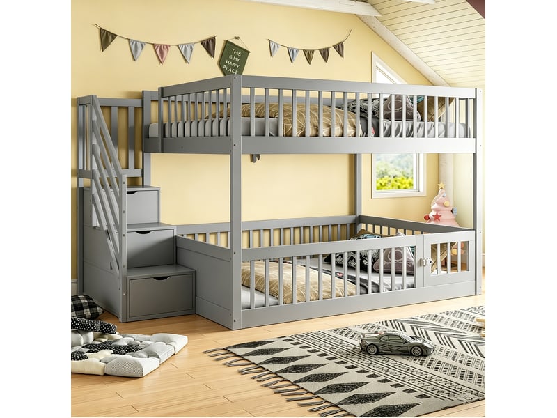 Lit superposé 140x200 cm gris avec escalier à tiroirs et barrières de sécurité - Conforama B