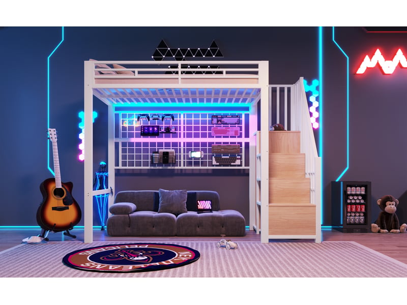  Lit mezzanine 90x200 cm en métal blanc avec placard, échelle de rangement, led 7 couleurs et espace libre sous le lit  - Conforama C