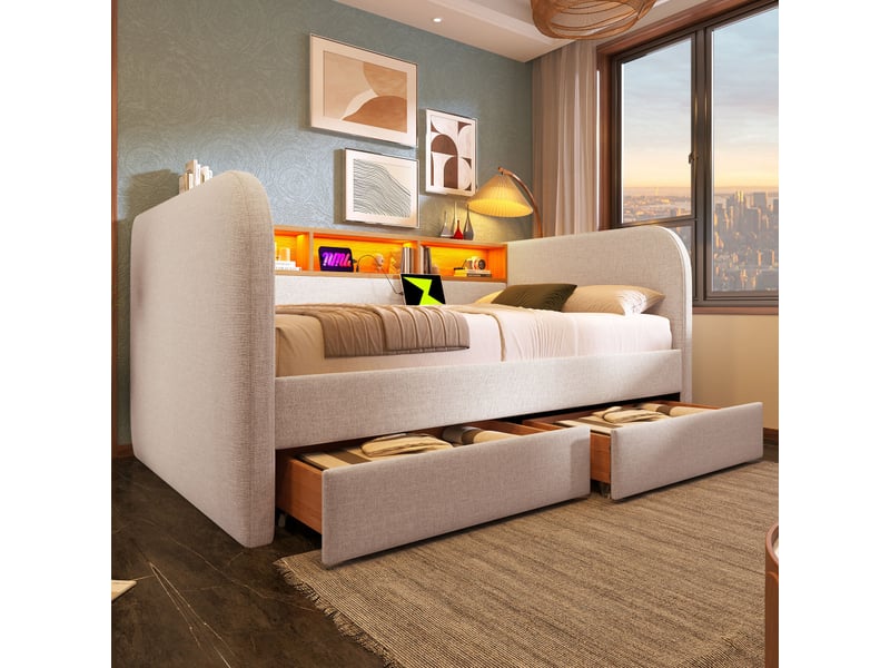  Lit banquette rembourré 140x190 cm, canapé-lit en lin avec led, usb-c, 2 tiroirs et tête de lit avec rangement, sans matelas  - Conforama D