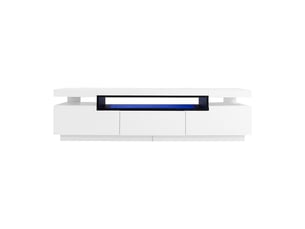 Meuble tv contemporain blanc laqué 160x39x42 cm – led 16 couleurs – 3 tiroirs – support tv jusqu'à 70 pouces