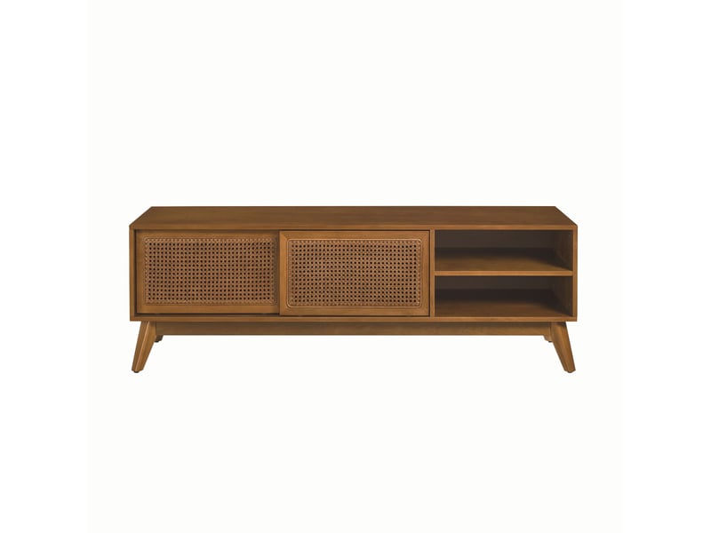 Meuble tv en rotin avec 2 portes coulissantes et 2 niches ouvertes, pieds réglables, pour salon, noyer, bois et mdf - Conforama A