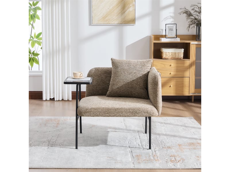  Fauteuil de salon moderne avec table d'appoint - 86x72x71cm - design avec poches de rangement et cadre métal - khaki  - Conforama C