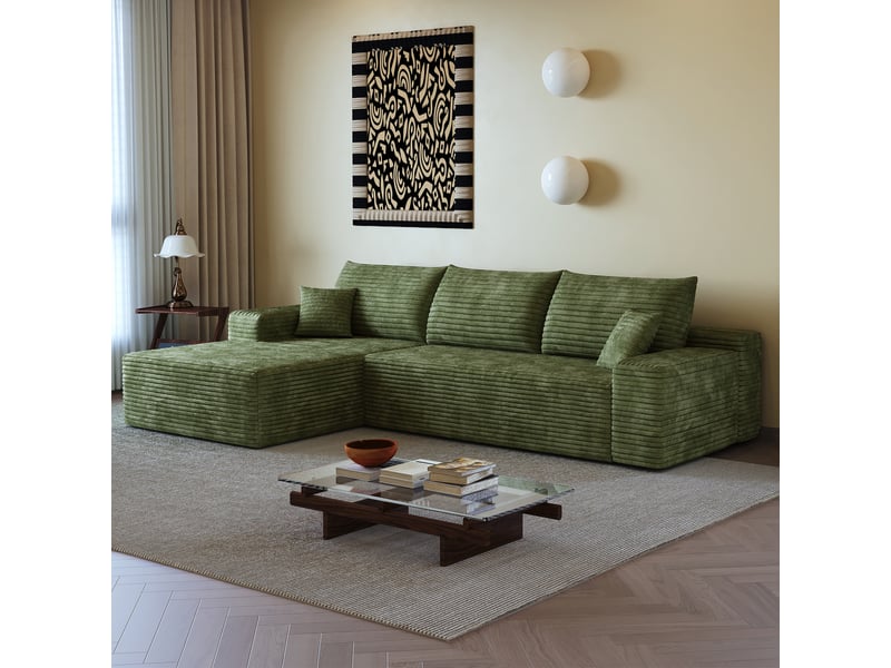  Canapé d'angle modulable vert 3 places avec méridienne en l - 270 cm velours côtelé sans montage  - Conforama R