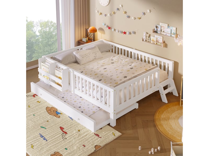  Lit gigogne 140x200 cm, couchage enfant avec barrières, sommier à lattes inclus, étagère et échelle réversibles, pin massif et mdf, blanc OMNIGLINT TRADING LTD - Conforama B