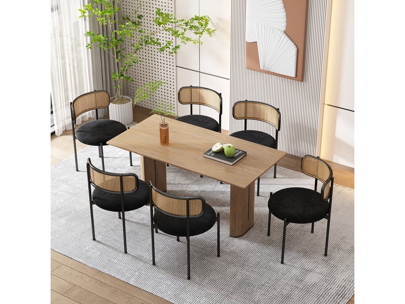  Chaise de salle à manger lot de 6 avec dossier en rotin - lpospi - assise en velours, pieds métal noir  - Conforama B