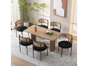Chaise de salle à manger lot de 6 avec dossier en rotin - lpospi - assise en velours, pieds métal noir