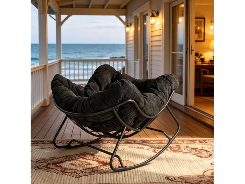 Rocking-chair avec assise profonde, dossier enveloppant et base incurvée, en chenille et métal noir 102,5 × 75 × 77 cm - Conforama C