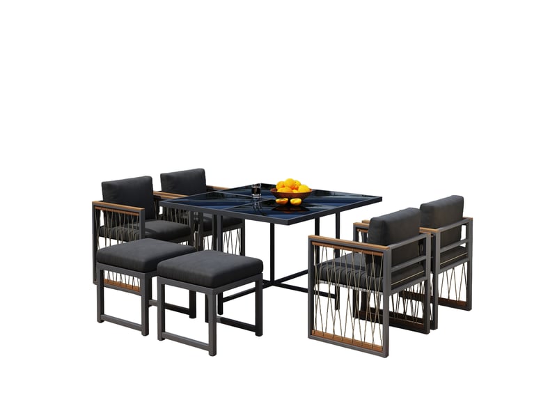  Salon de jardin,117x117 cm,7 pièces 6 places,verre trempé,noir naturel  - Conforama D