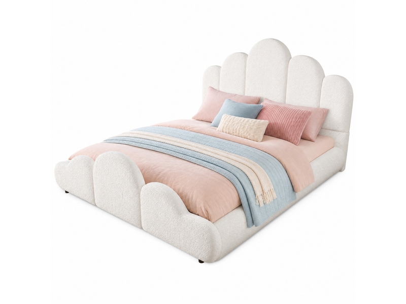  Lit enfant rembourré 140 × 200 cm 2 places avec tête de lit capitonnée, sans matelas, en bouclette beige  - Conforama A