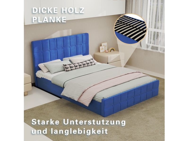  Lit coffre 140x200 cm avec tête de lit en velours bleu  - Conforama B