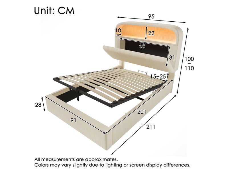  Lit coffre 1 place 90 x 200 cm beige avec matelas, led et station de charge  - Conforama E