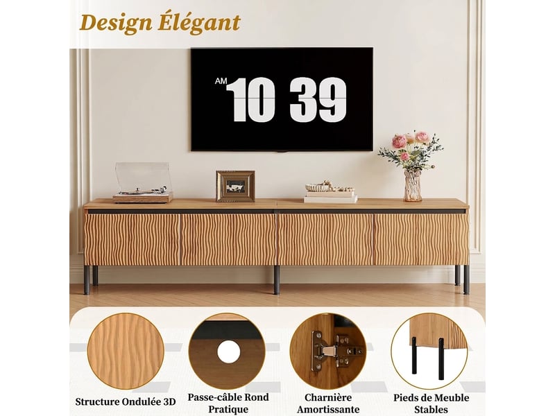  Meuble tv bois naturel 180 cm avec 4 portes ondulées et pieds en métal  - Conforama D