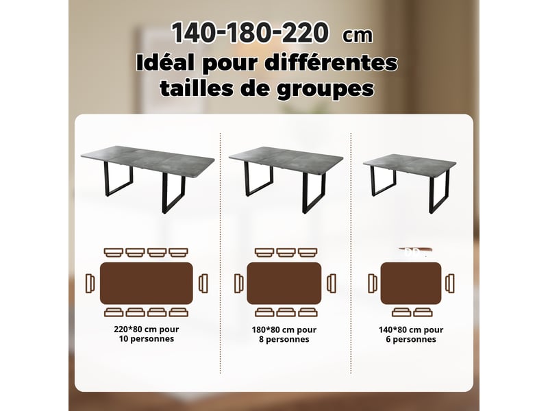 Table à manger extensible 140180220 x 80 cm, 6 à 10 personnes, coloris gris Jamama eleni - Conforama R