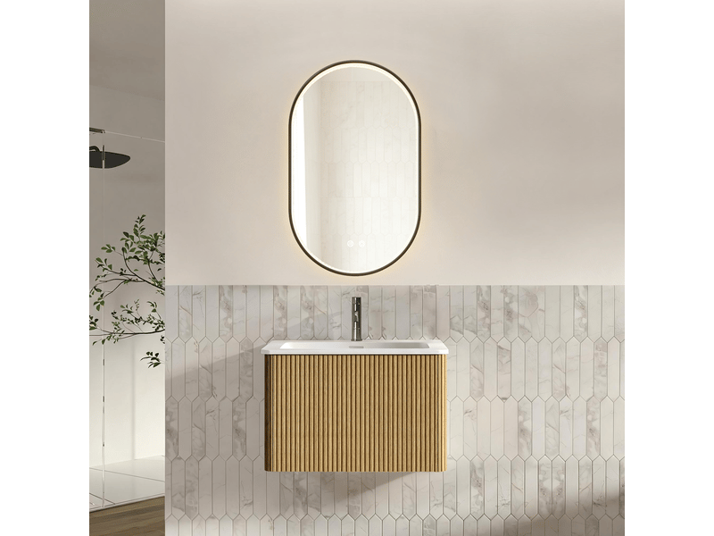 Meuble sous vasque suspendu avec 1 tiroir et miroir led, vasque intégrée, salle de bain, finition chêne - Conforama C