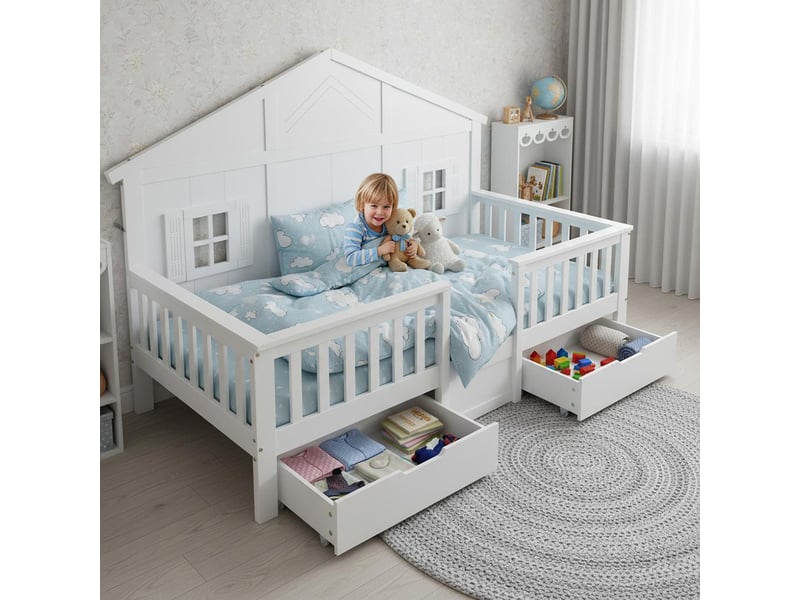 Lit avec rangement en bois lit simple enfant deux grands tiroirs roulettes fenêtres toit sommier à lattes stable pin mdf contreplaqué blanc 90x200cm  - Conforama E