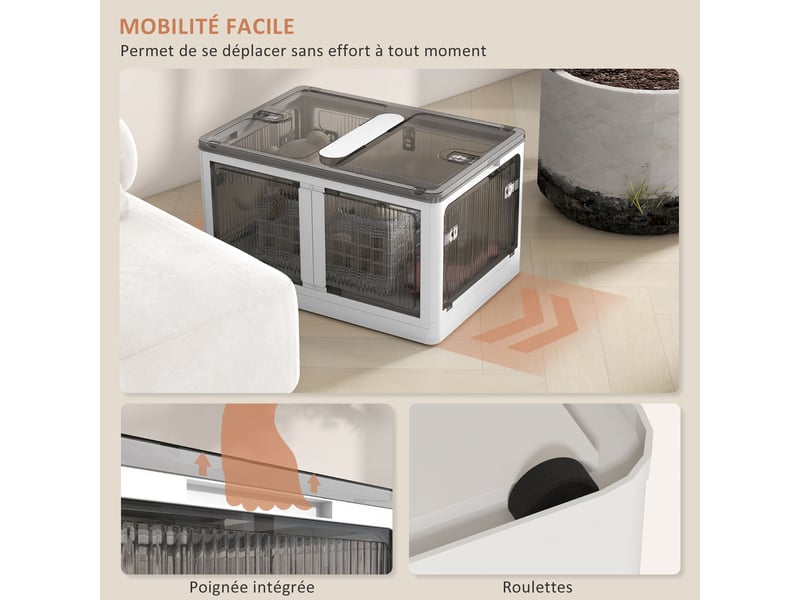 Boîtes de rangement pliables et empilables 69l en plastique avec couvercle et 4 roulettes, blanc, accès à 5 côtés - Conforama R