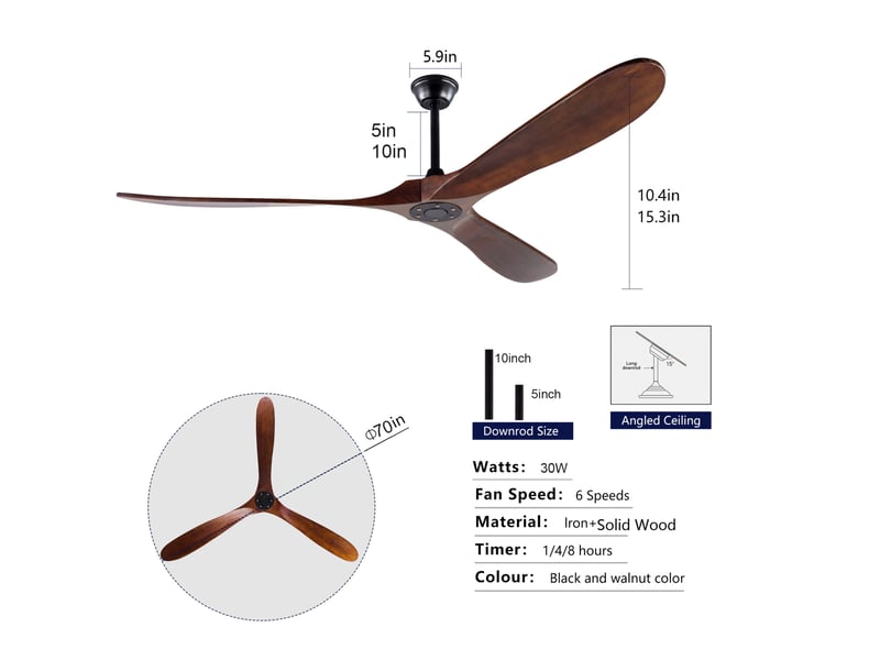 Ventilateur de plafond 177x177 cm sans éclairage, noir et noyer, 6 vitesses - Conforama C
