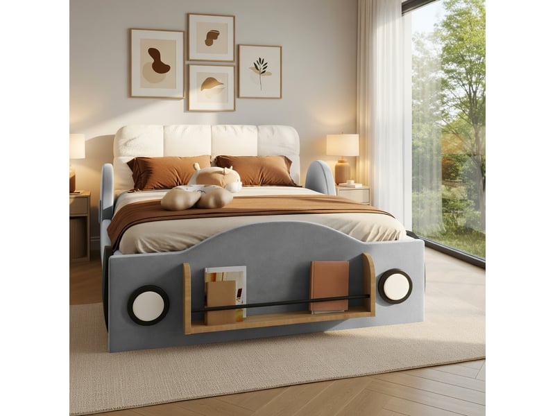  Lit d'enfant 90 x 200, rangement hydraulique, poches latérales et étagères, velours, gris  - Conforama B