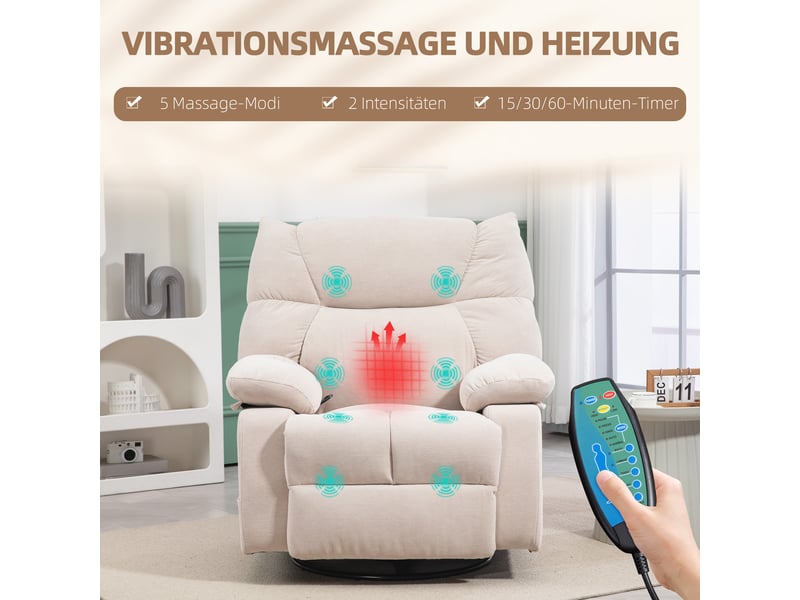 Fauteuil relax avec massage chauffant beige, inclinable à 145 degrés, pivotant à 360 degrés avec repose-pieds pour le salon - Conforama B