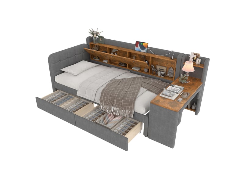  Lit banquette 90x200 en lin gris, lit canapé avec bureau modulable, 2 tiroirs et ports usb type c  - Conforama A