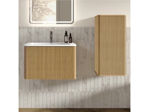 Ensemble meuble salle de bains suspendu avec lavabo et colonne - rangement mural, mdf et surface solide - chêne