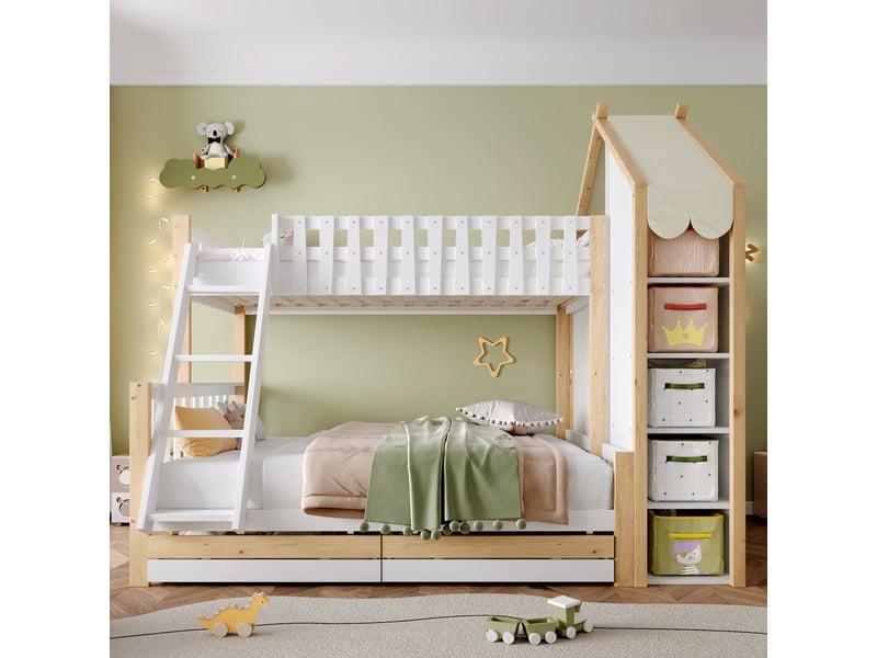  Lit superposé 90x200 et 140x200, lit cabane avec toit et 2 tiroirs, en bois blanc et naturel, barrière de sécurité pour enfant  - Conforama E