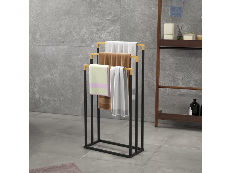  Porte-serviettes en bambou et acier sur pieds avec 3 support barres pour serviette 45 x 22,5 x 86 cm noir et naturel  - Conforama D