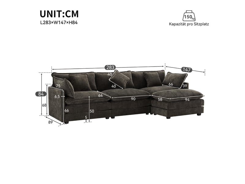  Canapé d'angle modenvie 3 places en chenille gris foncé avec repose-pieds mobile 283 x 147 cm  - Conforama C