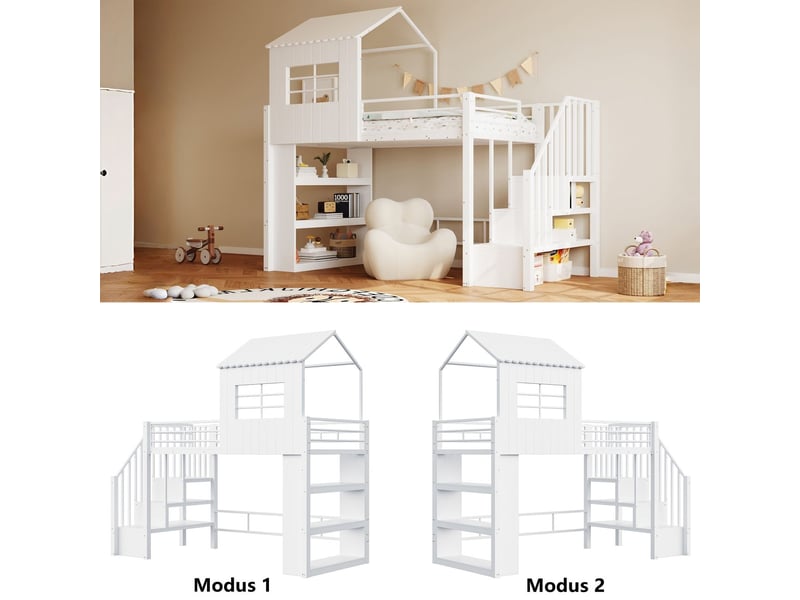  Lit enfant 90x200, garde-corps haut lit cabane enfant, rangement étagères intégrées, escalier sécurisé modulable, structure métal  - Conforama E