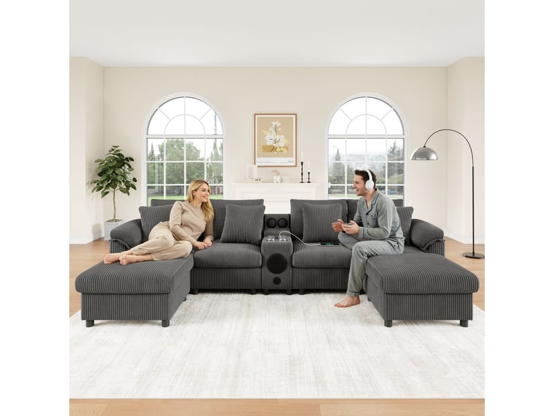  Canapé d'angle, forme u et l modulable canapé modulable, cord tissu, rangement intégré, charge sans fil usb, haut-parleur bluetooth  - Conforama B