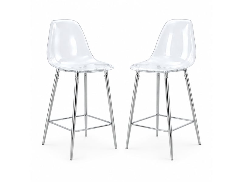  Tabouret de bar lot de 2 avec coque transparente, repose-pieds et piètement métallique en plastique argenté  - Conforama A