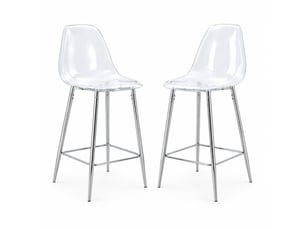 Tabouret de bar lot de 2 avec coque transparente, repose-pieds et piètement métallique en plastique argenté